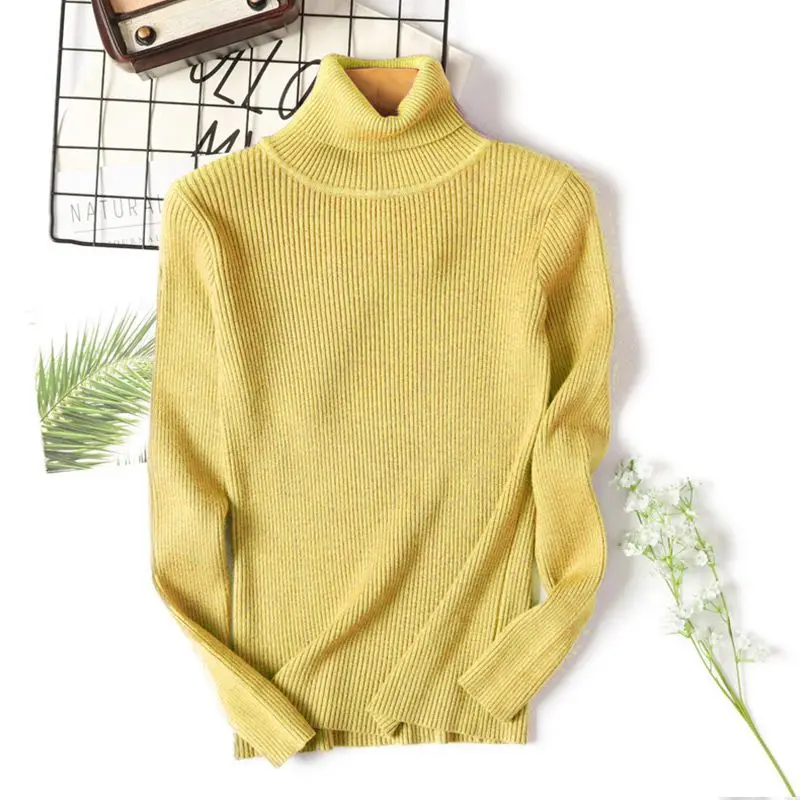Yellow-31 Последняя Распродажа! Зимний женский вязаный свитер с высоким воротом, повседневный мягкий джемпер с воротником поло, модный тонкий женский эластичный пуловер - Цвет: Yellow-31