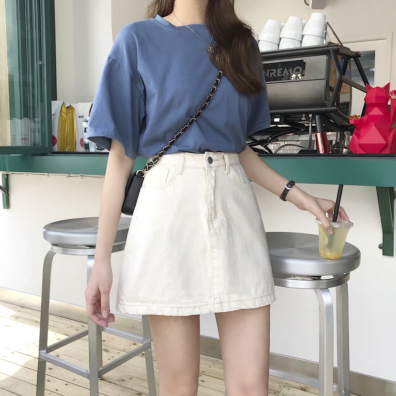 Женские юбки, тонкие, Ulzzang, простые, летние, с карманами, женская одежда, женская, подходит ко всему, трапециевидная, Студенческая, дышащая, джинсовая юбка, верхняя одежда