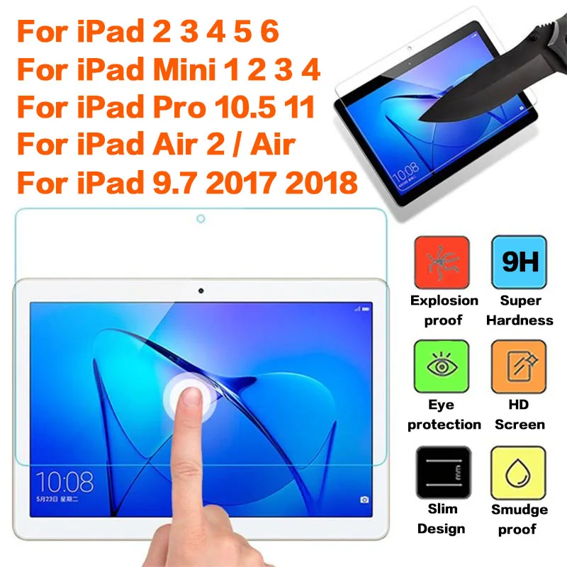 

Закаленное стекло для Apple iPad 9,7 дюйма Pro 10,5 11, стекло для iPad Air 2 Mini 1 2 3 4, Защитная пленка для экрана