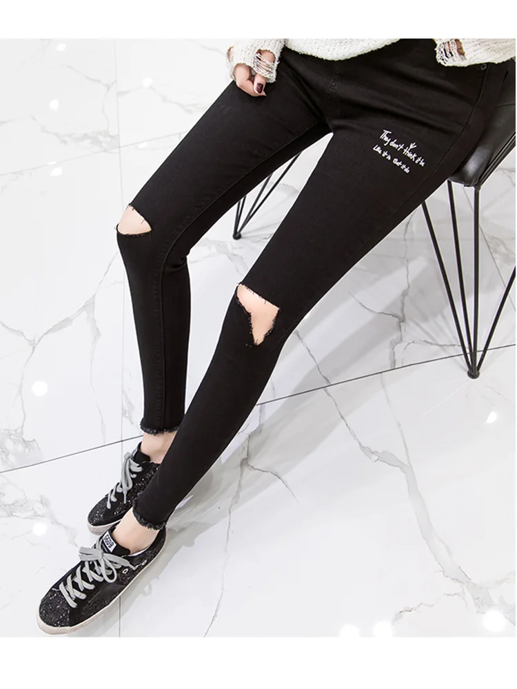 JUJULAND Ripped Skinny Denim Jeans Summer Women Casual Button Fly High Waist New Style Trousers Female Plain Fashion | Женская одежда