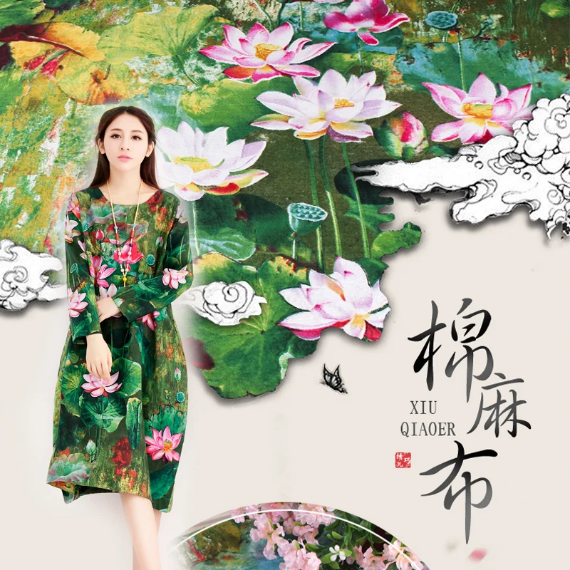 Льняная/хлопковая этническая ткань 145*100 см с цветочным принтом лотоса сделай сам