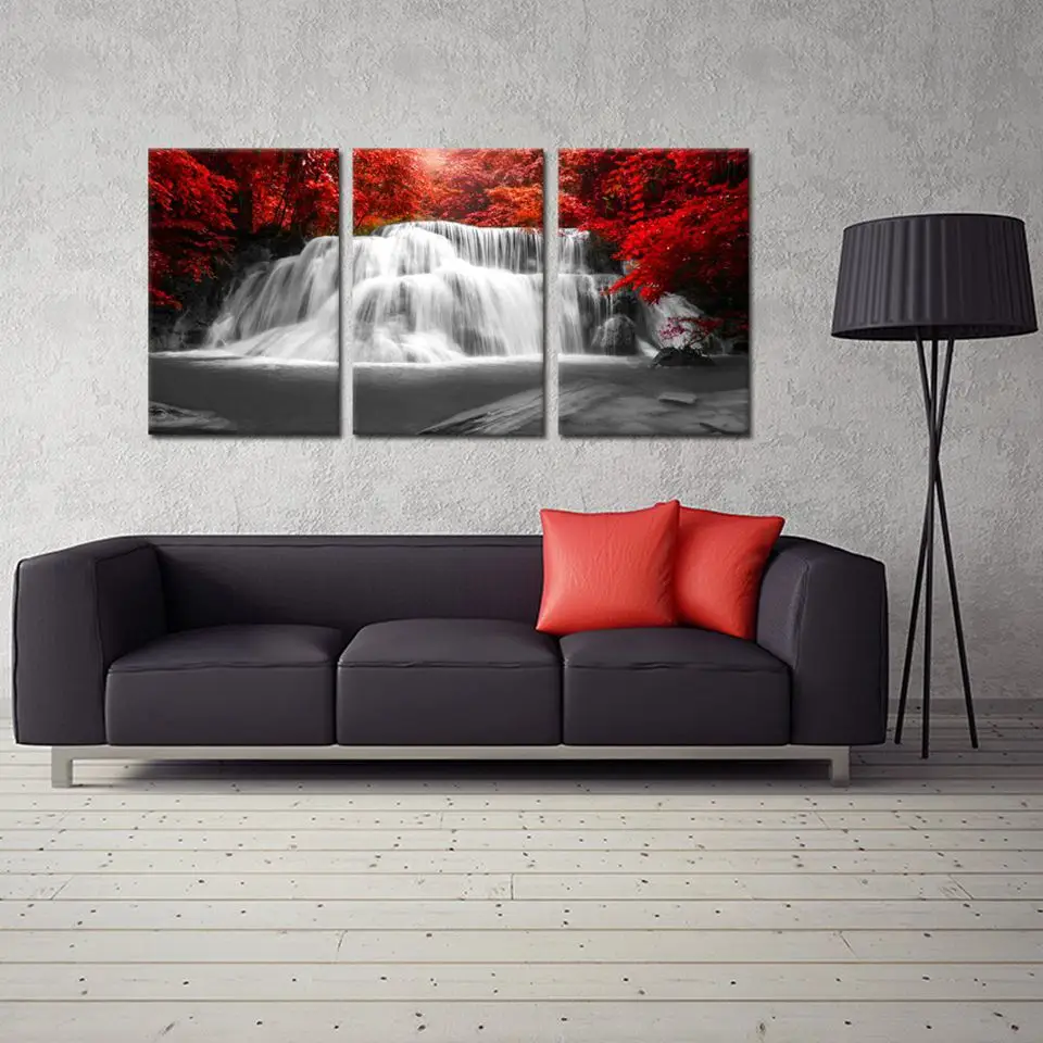 Настенная Картина на холсте для гостиной 3 шт. Красные Деревья водопад картины