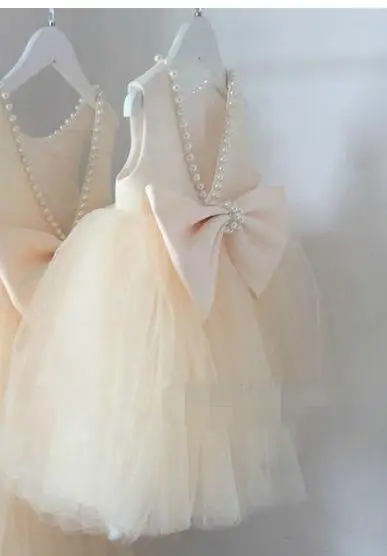 champagne Champagne Puffy фатиновое платье с жемчужинами для девочек платье с Платье с цветочным узором и бантом для девочек для девочки, держащей букет невесты, платье для театрализованного представления Размеры От 2 до 14 лет - Цвет: champagne
