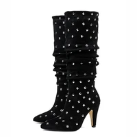 punk studded boots black suede knee high boots 8cm high heels shoes for winter rivet decor motorcycle boots pleated shoes women