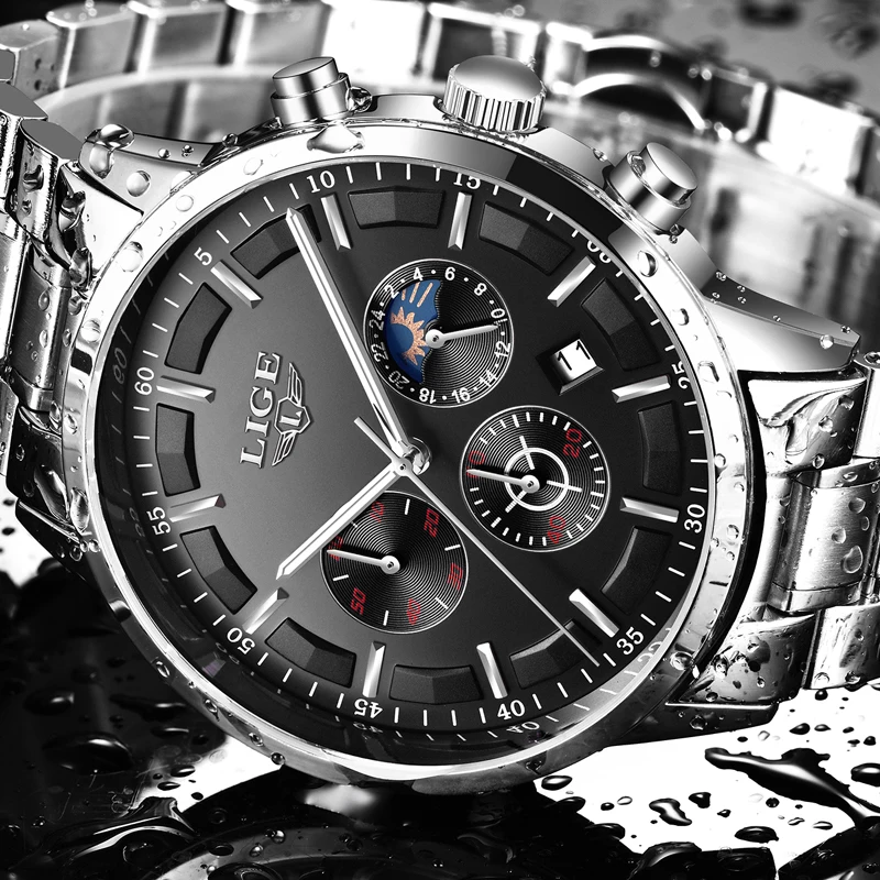 Relogio Masculino LIGE модные мужские часы с хронографом Moon phase Топ бренд Бизнес Кварцевые