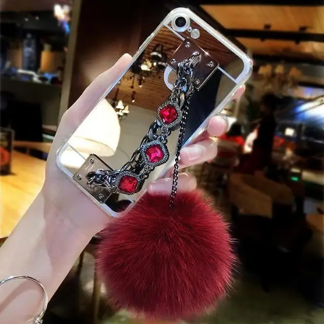Hot Pompom Fur Ball Mirror TPU Cases For Samsung Galaxy S9 S8 S10 Plus S7 S6 Edge A5 A7 J5 J7 J3 2017 2016 Bracelet Coque |