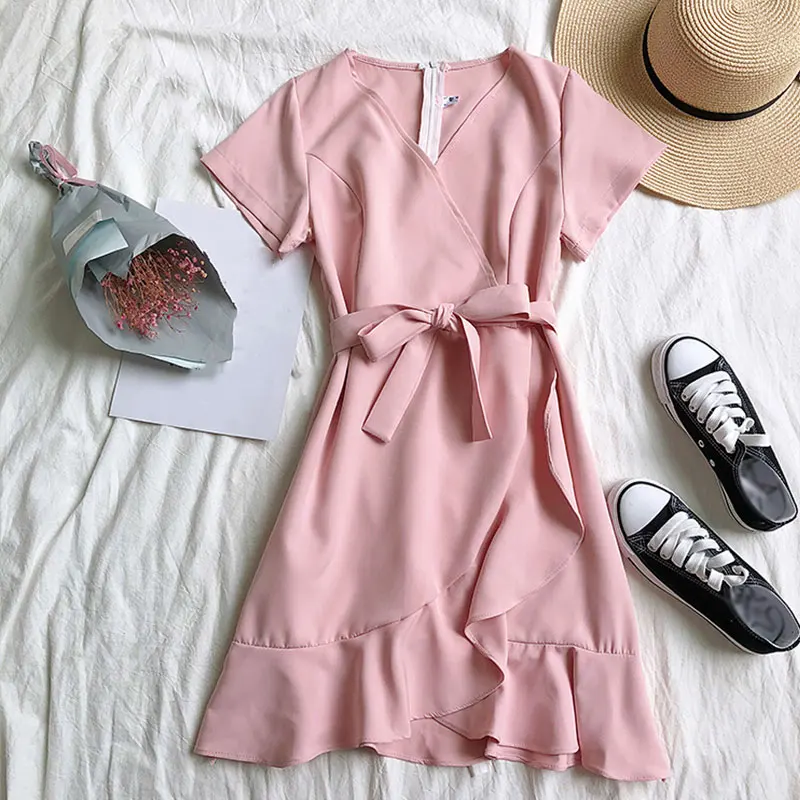pink short Розовое платье русалки с оборками, женское платье, короткий рукав, высокая талия, вечерние, элегантные женские платья, весна-лето, женские платья - Цвет: pink short