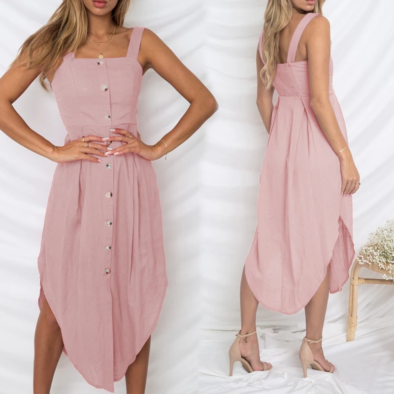 Летнее женское платье без рукавов бретелек с пуговицами женские платья