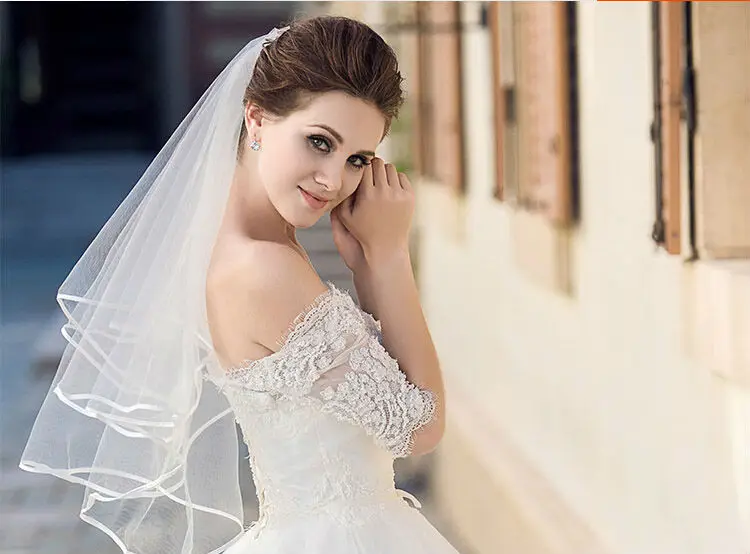 2015 горячая распродажа два слоя короткие тюль ленты щиты фату свадебные