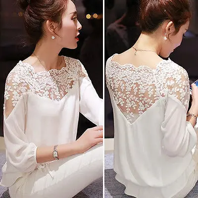 Женские Длинные свободные рукава кружевная блузка Повседневная рубашка Топы