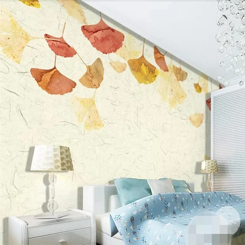 

Custom wallpaper simple retro ginkgo leaf hand-painted background wall decoration waterproof material