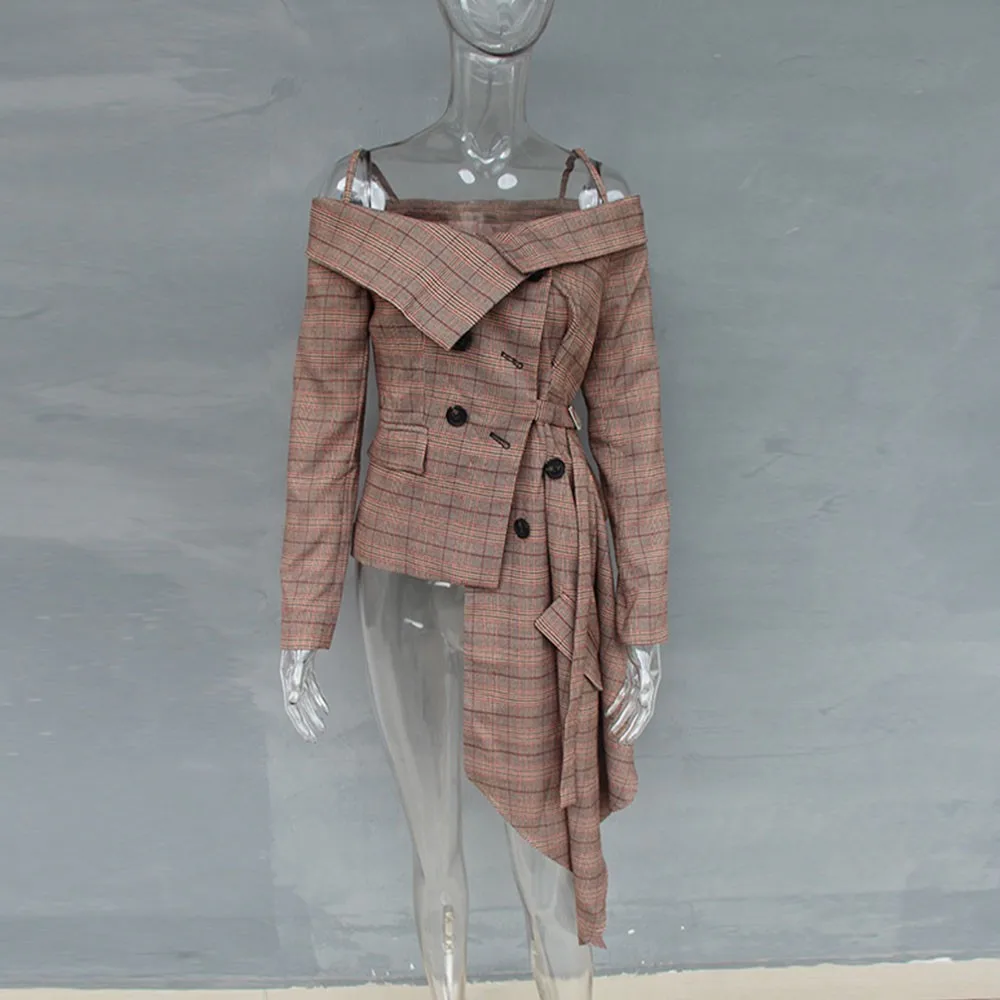 Офисный женский клетчатый блейзер с открытыми плечами Женская куртка вырезом