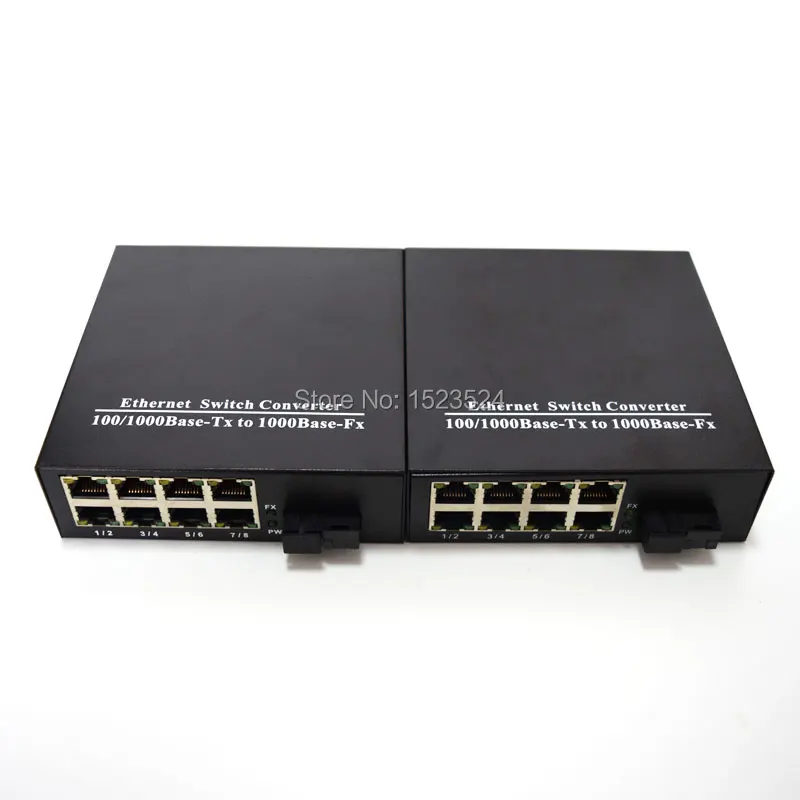 1 Pair 10/100/1000Mbps Fiber Optic Ethernet Media Converter Gigabite Single Mode Single Fiber with 8 RJ45 UTP and 1 SC Port
