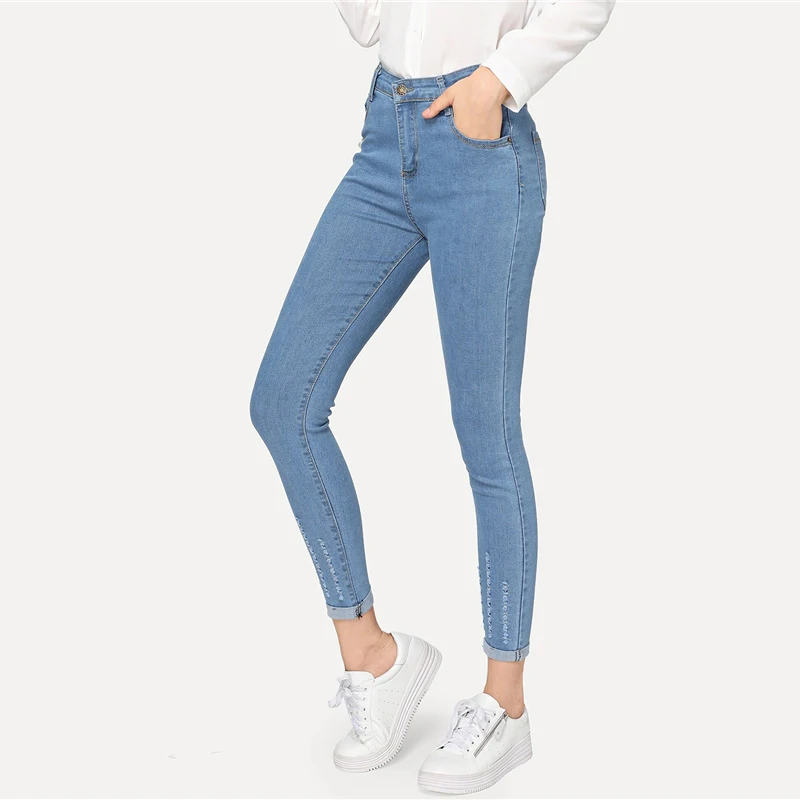 Dotfashion, синие,, однотонные, рваные, свернутые, обтягивающие джинсы, женские, с высокой талией, брюки, Осенние, повседневные, модные, на пуговицах, джинсовые брюки