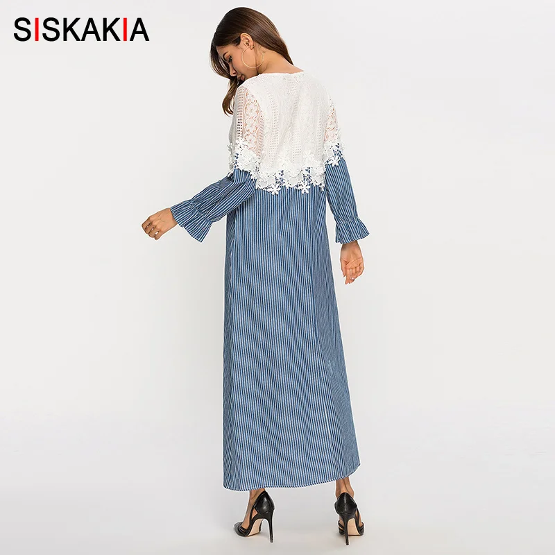 Siskakia, модные кружевные полосатые Лоскутные женские платья, весна, длинное платье макси с длинным рукавом, городское повседневное синее с белым Новое