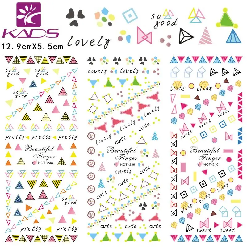 KADS 3sheet/set Geometry Design cute shape nail design Water decal Nail Sticker Art Decals Transfer sticker | Красота и здоровье