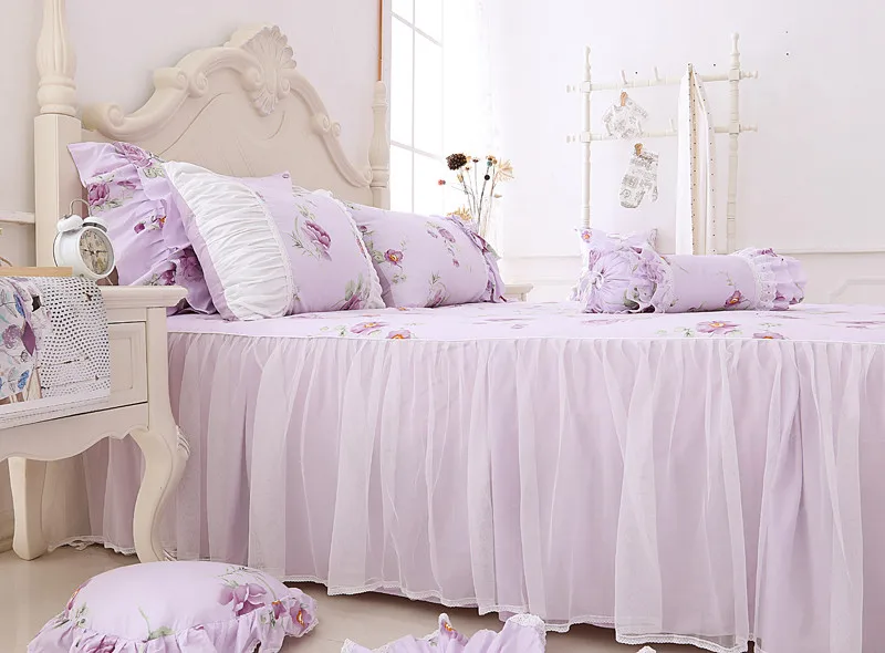 Princess purple dream 100% Cotton Romantic girl kid sweet flowers Bow lace ruffles bedskirt comforter cover bedding set/B7210 | Дом и сад