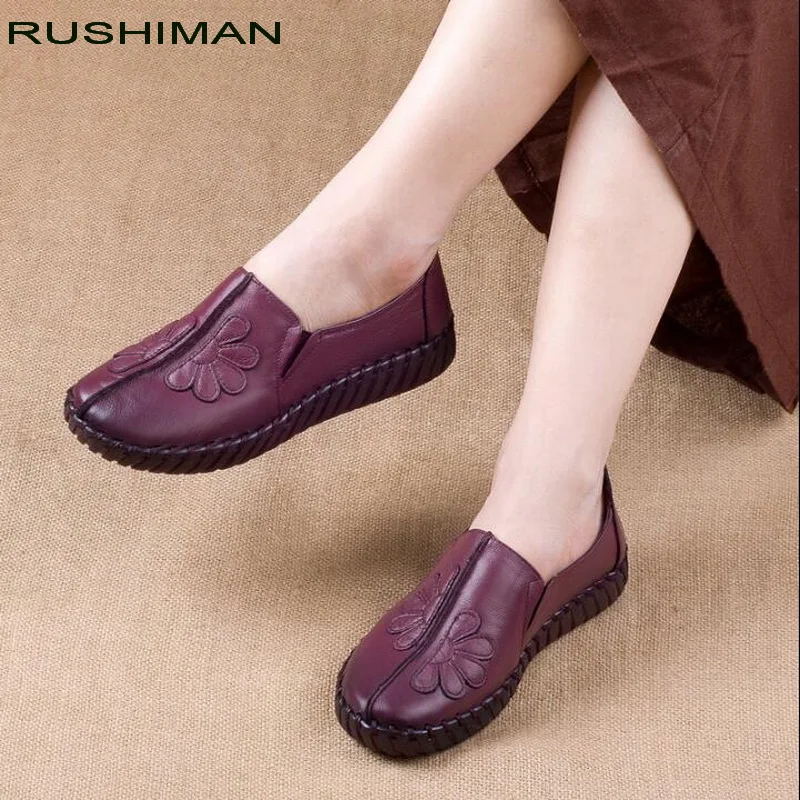 

RUSHIMAN Retro Four Seasons Genuine Leather Shoe Women Fashion Handmade Women Flat Shoe Femme Comfortable Soft Driving Shoe