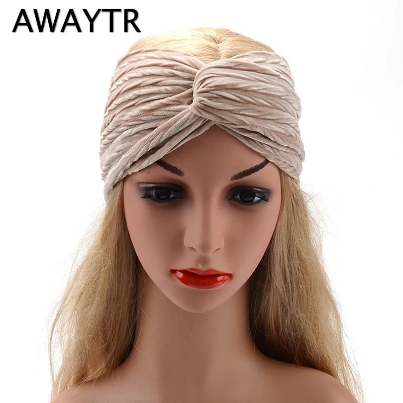 AWAYTR, новинка, зимняя бархатная повязка на голову для женщин, толстая, с широкими полями, тюрбан, банданы, узел, плиссированные резинки для волос, аксессуары для волос для девочек