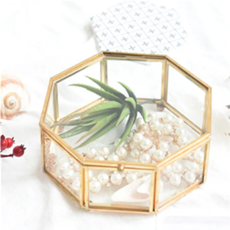 

European Glass Box Jewelry Transparent Gold jewelry Box Unique Octagonal Geometric Ring Box Wedding Decoration Home Decoration