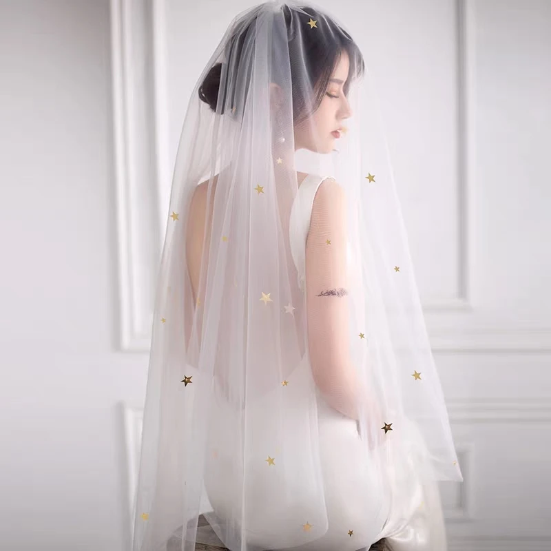 Ins свадебная фата с короткими аппликацией в виде Золотой Звезды Сияющие Блестки