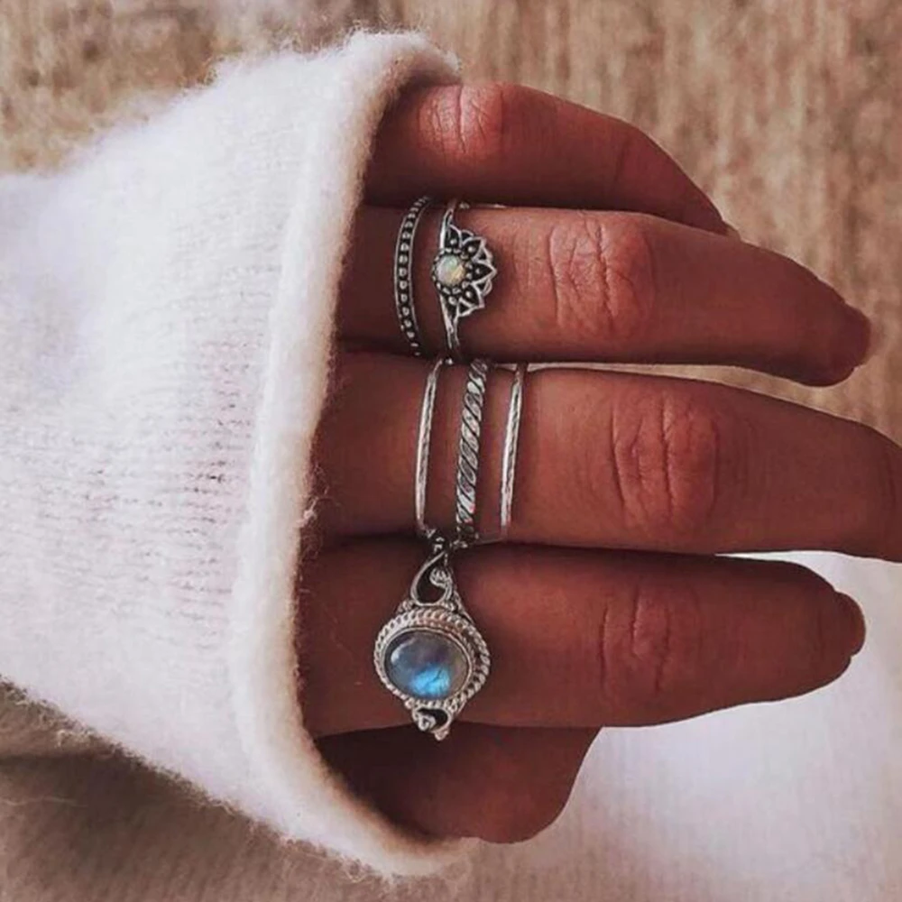 Free Fan 6Pcs/Set Bohemian Lotus Flower Women Ring Set Cheap Rhinestone Gem Joint Antique For Bague Femme | Украшения и