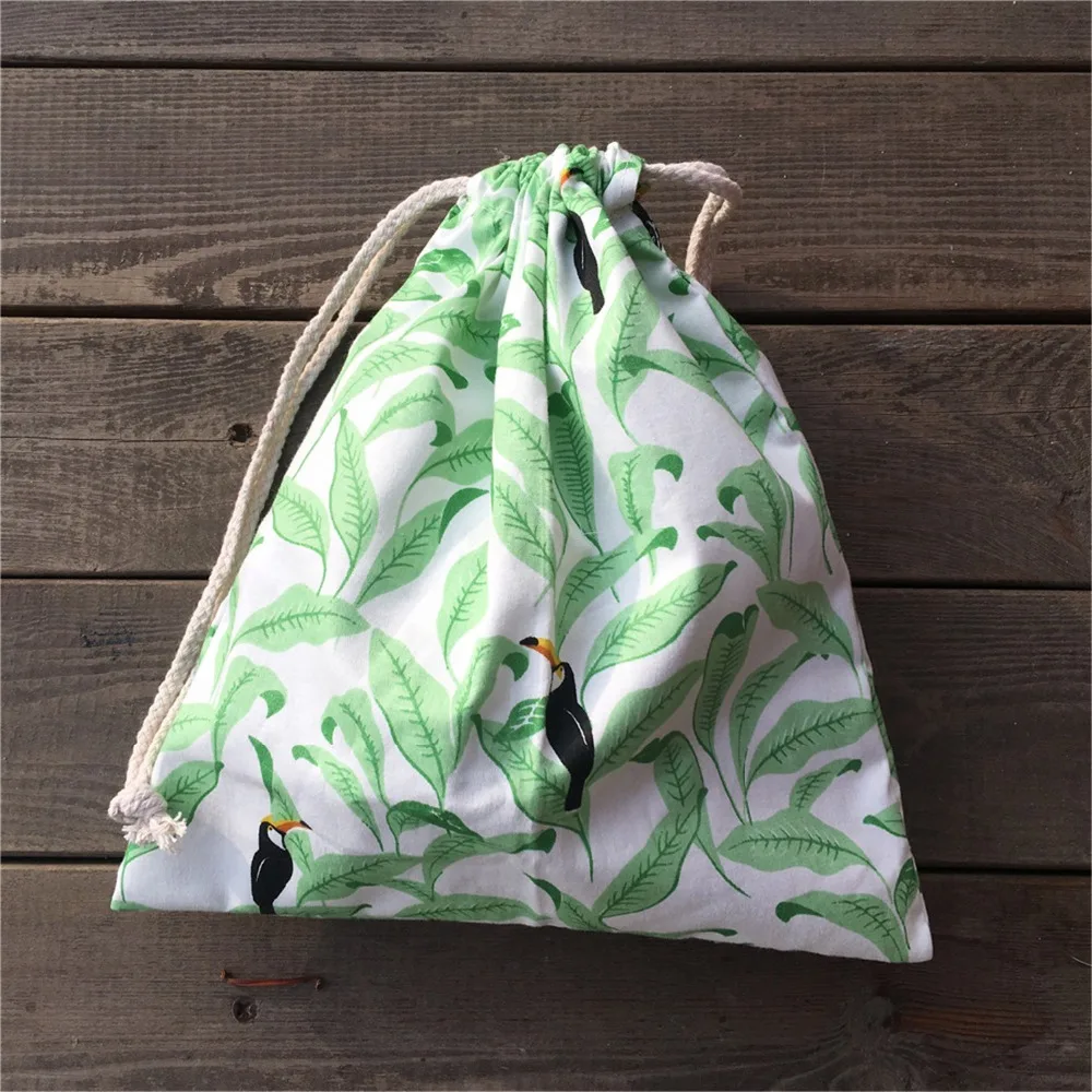 

YILE 1 шт. хлопковая саржевая сумка на шнурке, праздничный Подарочный пакет с принтом зеленых листьев и черных птиц YL812c