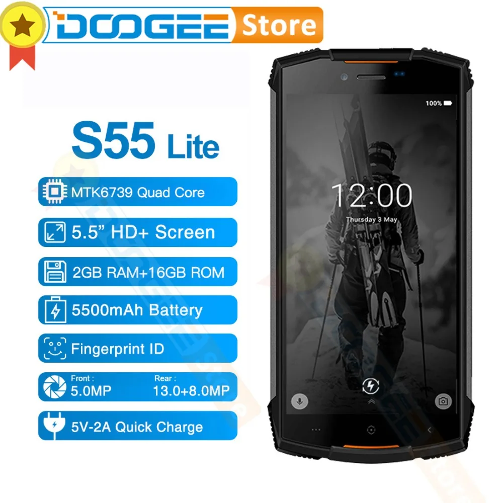 DOOGEE S55 Lite IP68 водонепроницаемый телефон Android 8 1 2 Гб 16 5500 мАч MTK6750T 5 Две сим карты 13.0MP
