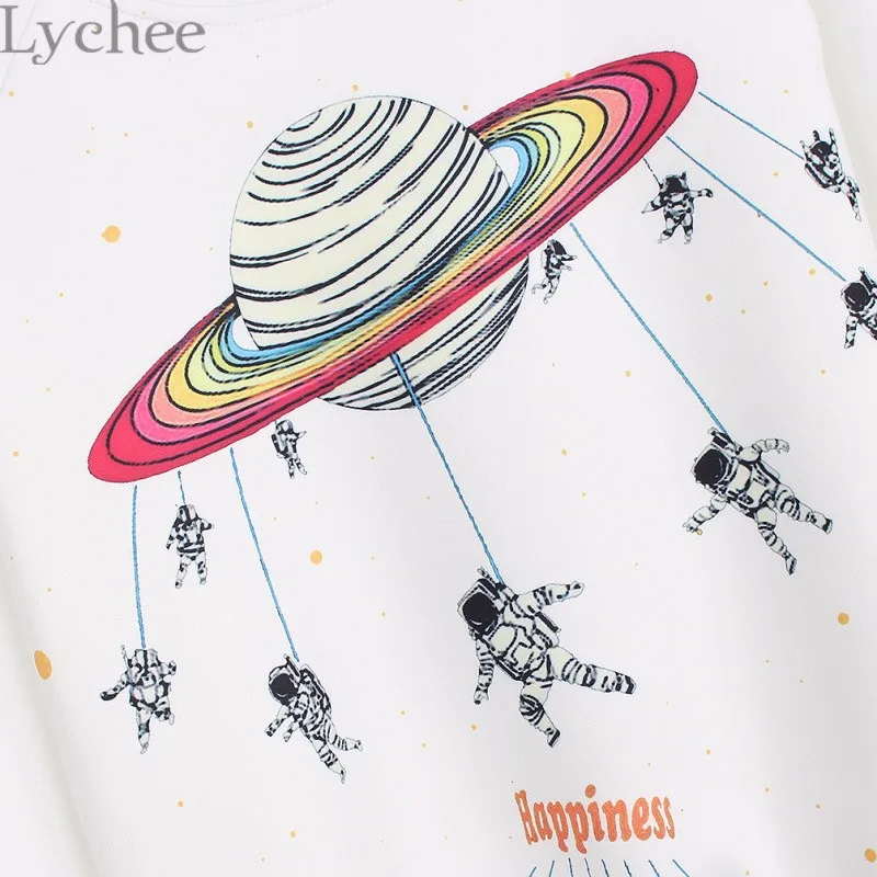 Lychee осень зима Harajuku для женщин толстовка Сатурн астронавт печати пуловер повседневное свободные с длинным рукавом спортивный костюм