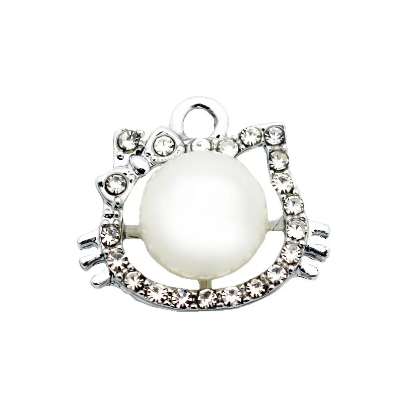 

Newest 20pcs/lot Metal Silver Kitty Crystal Pearl Cartoon Dangle Charms Lobster Clasp Charms For Necklace Bracelet DIY Jewelry