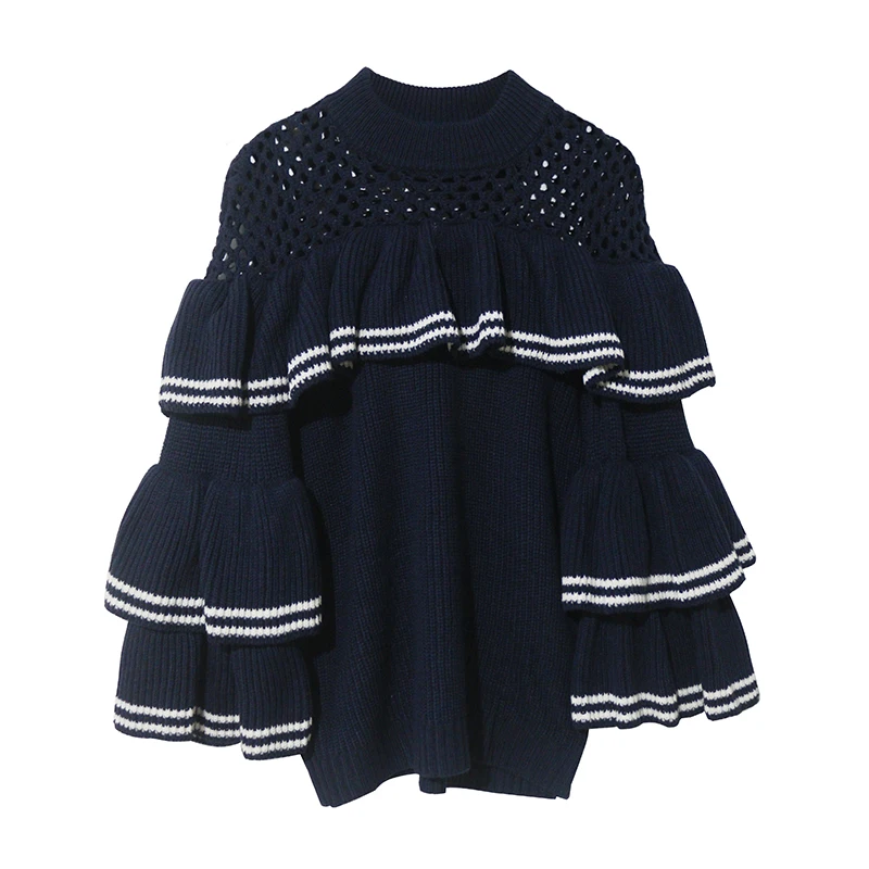 Осенние женские свитера с расклешенными рукавами 2019 автопортретом рюшами в