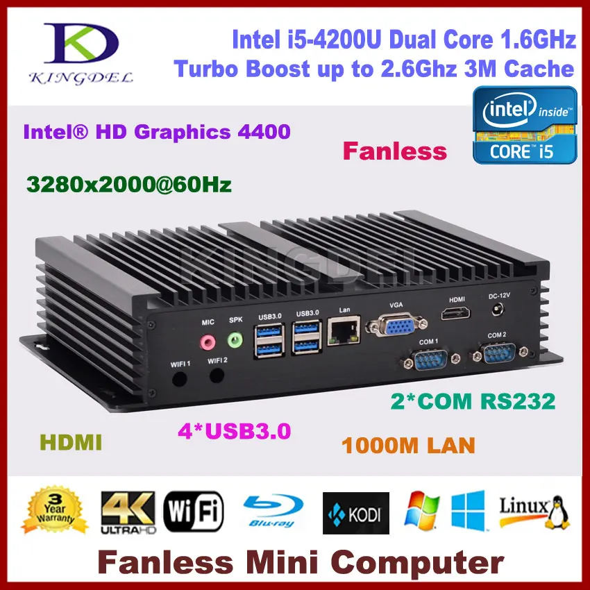Безвентиляторный ПК htpc Windows 10 Intel Core i5 4200U двухъядерный HDMI гигабитная LAN 2 COM RS232 300M