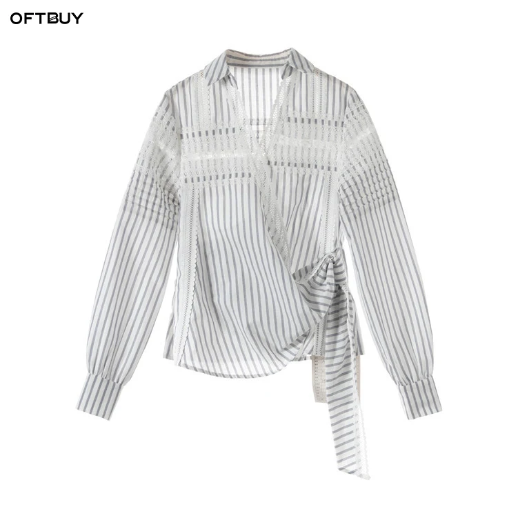 OFTBUY/2019 Осенняя офисная блузка в полоску с длинными рукавами Кружевная туника