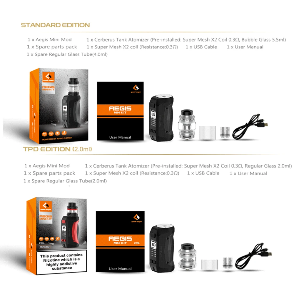 

2pcs/lot Geekvape Aegis mini 80W kit with 2200mAh Battery AS Chipset aegis mini mod & 5.5ml Cerberus tank vs aegis legend mod