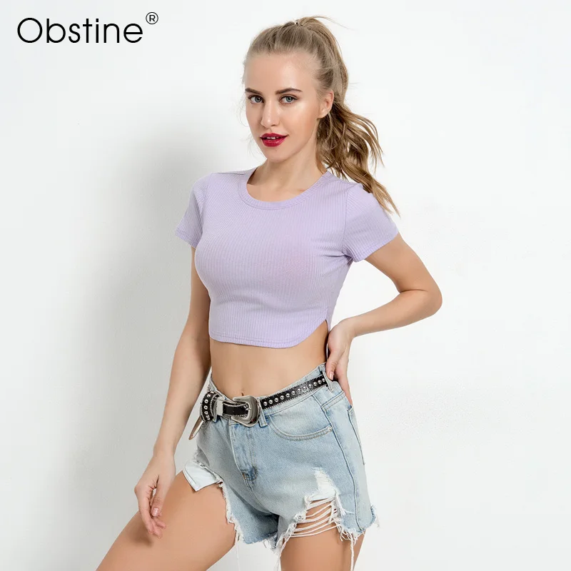 Obstine светло фиолетовый Ribbed Knit Tee 2018 Лето Для женщин короткий рукав Базовая