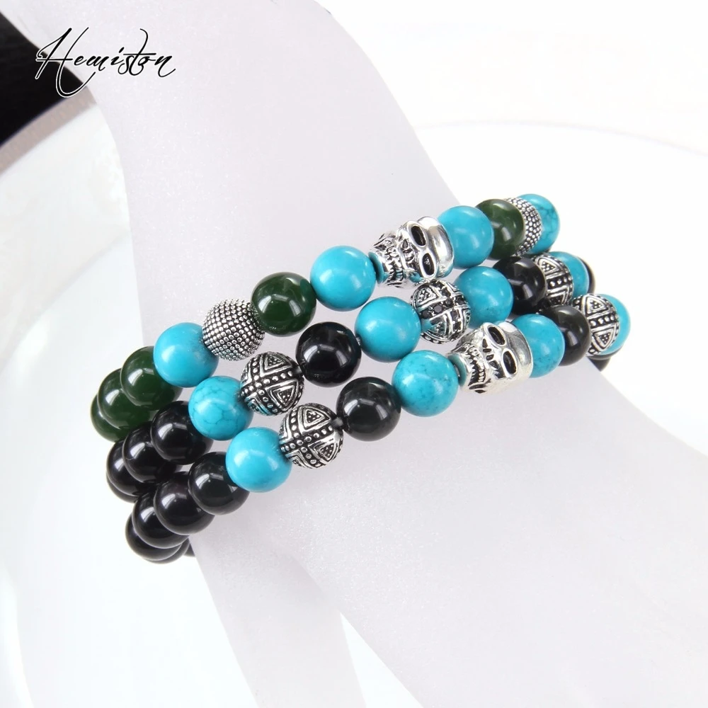 Томас Череп бусины из синего камня Для мужчин Браслеты Натуральный камень Rebel Heart