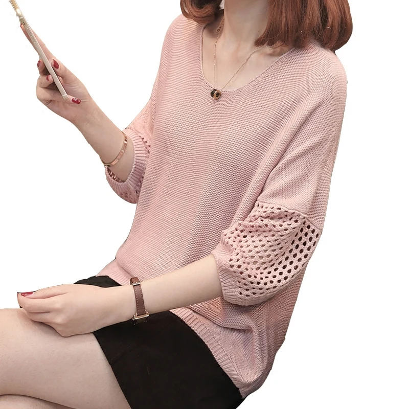fashion summer women knitwear thin ice silk o-neck lantern half sleeve hollow loose Tops casual knitted all match sweatersFemale | Женская