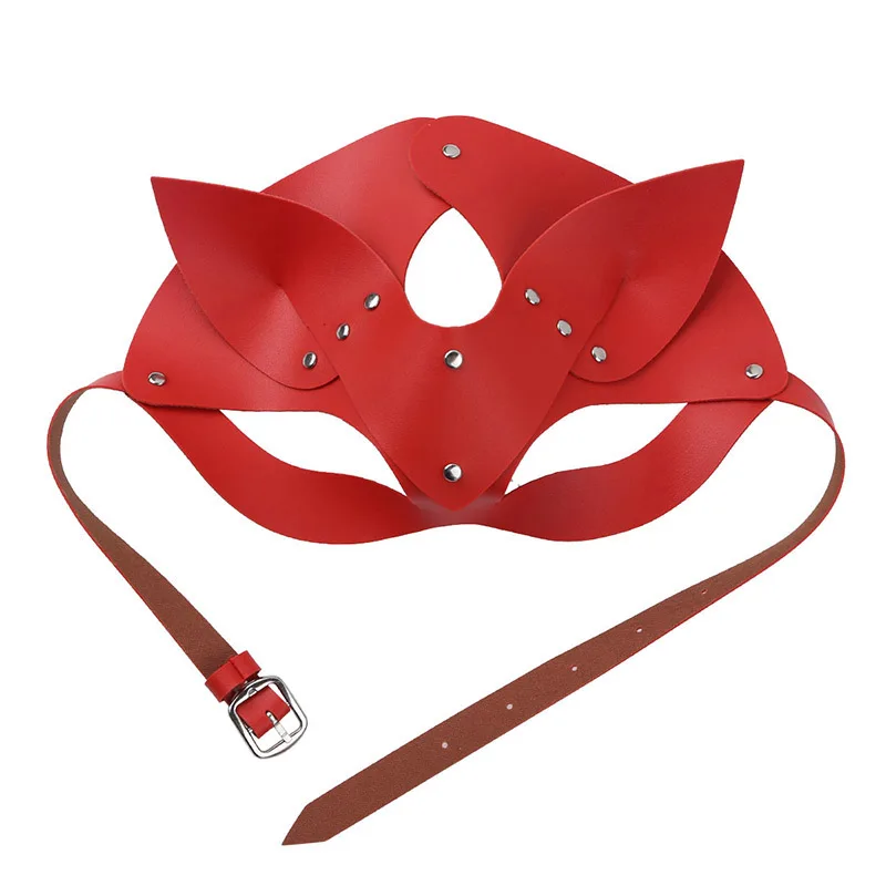 Red Косплей Маска женщины-кошки Сексуальная сбруя для БДСМ кожа лиса маска с ушами Хэллоуин маскарад Вечерние Маски котенок Фетиш Черная маска для лица - Цвет: Red