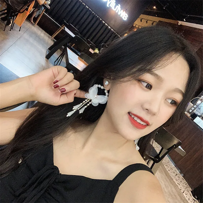 FYUAN длинные кисточки кристаллы Висячие серьги для женщин Bijoux корейский стиль белая бабочка жемчуг висячие серьги Ювелирные изделия Подарки