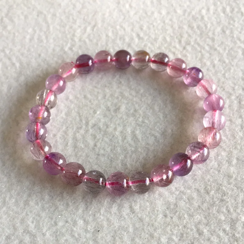

Natural Genuine Purple Hair Crystal Multi Colors Mix Super 7 Seven Bracelet Round Melody Stone 7mm