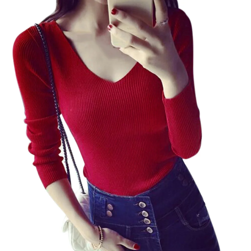 Newly Women V-neck Knitwear Long Sleeve Sweater Casual Slim Fit Tops Autumn Oufits DO99 | Женская одежда