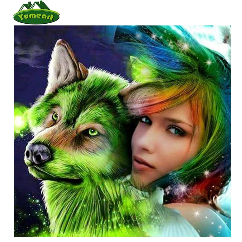 YUMEART Алмазная вышивка Волк и девушка 5D алмазная живопись своими руками Вышивка