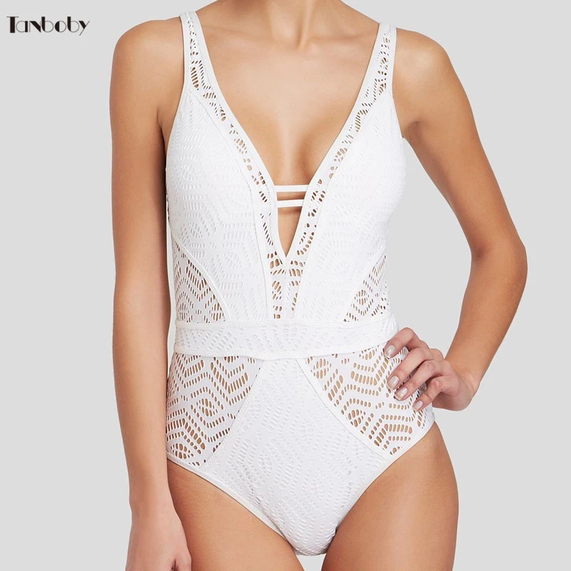 Lace Crochet 1 Pieces Monokini Swimsuit V-neck Plus Size Bathing Suits Women High Waist Trikinis Black One Swimsuits | Спорт и