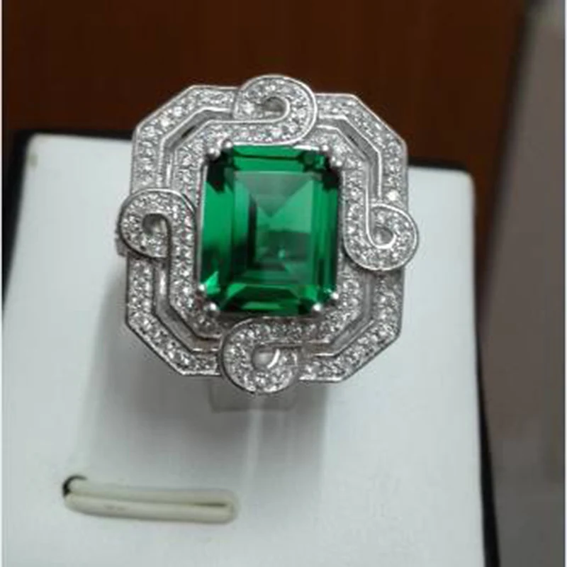 Qi Xuan_Fashion Jewelry_Luxury прямоугольные CZ зеленые камни Rings_S925 Твердые серебряные Rings_Factory