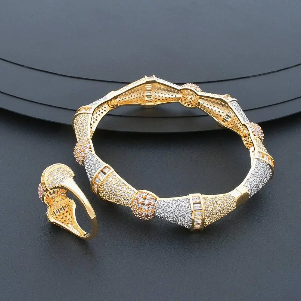 ModemAngel New Arrive Luxury Bamboo Shape Super Cubic Zriconia Width Bracelet Bangle Ring Set Saudi Arabic Dubai | Украшения и
