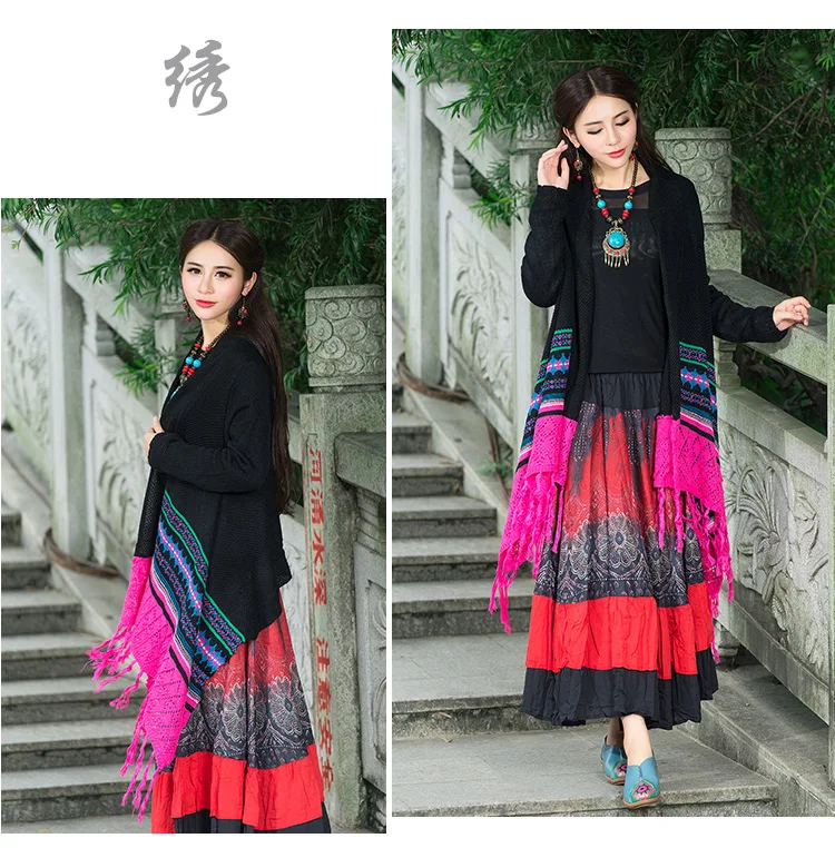 Женский вязаный кардиган в этническом стиле Осенний плащ пончо шаль с бахромой