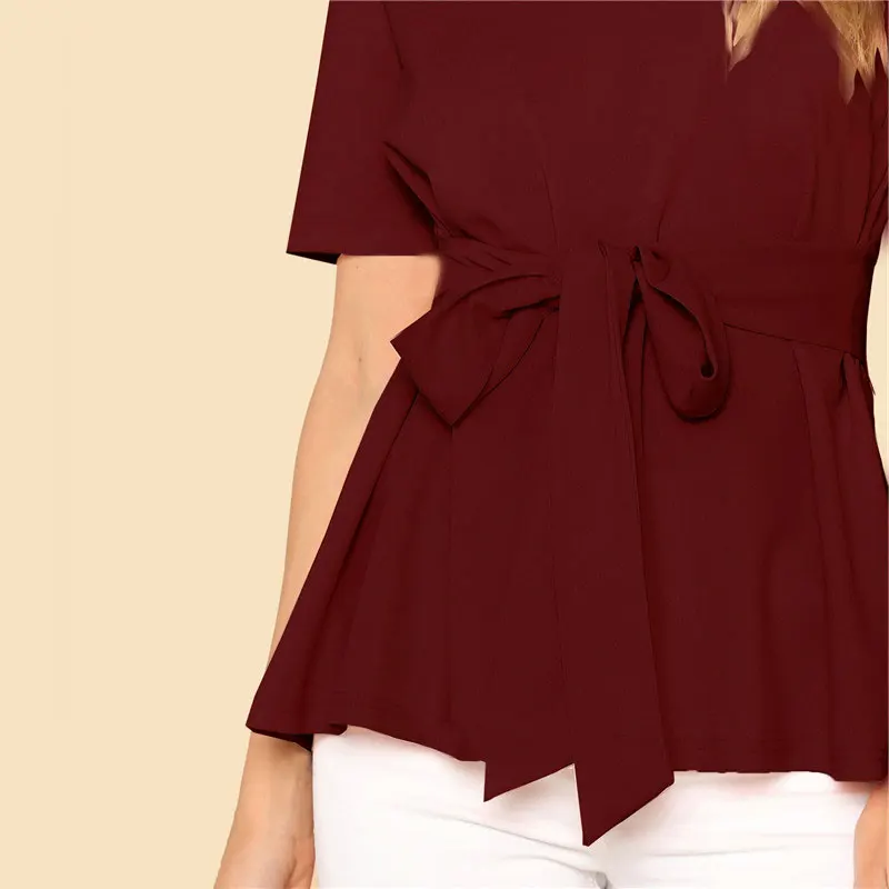 SHEIN Однотонная Блуза С Поясом Женские Летние Элегантные Блузки С Коротким Рукавом
