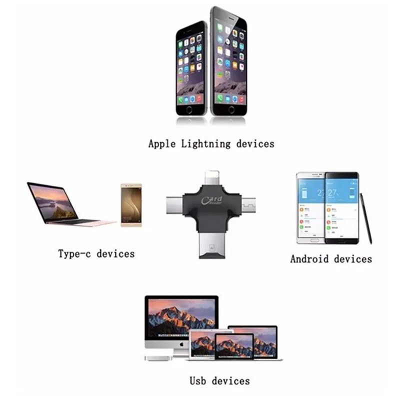 4 в 1 USB 2 0 OTG Lightning Type-C кардридер Micro SD адаптер конвертер для iPhone 7 8 Plus Samsung S8 S9 |