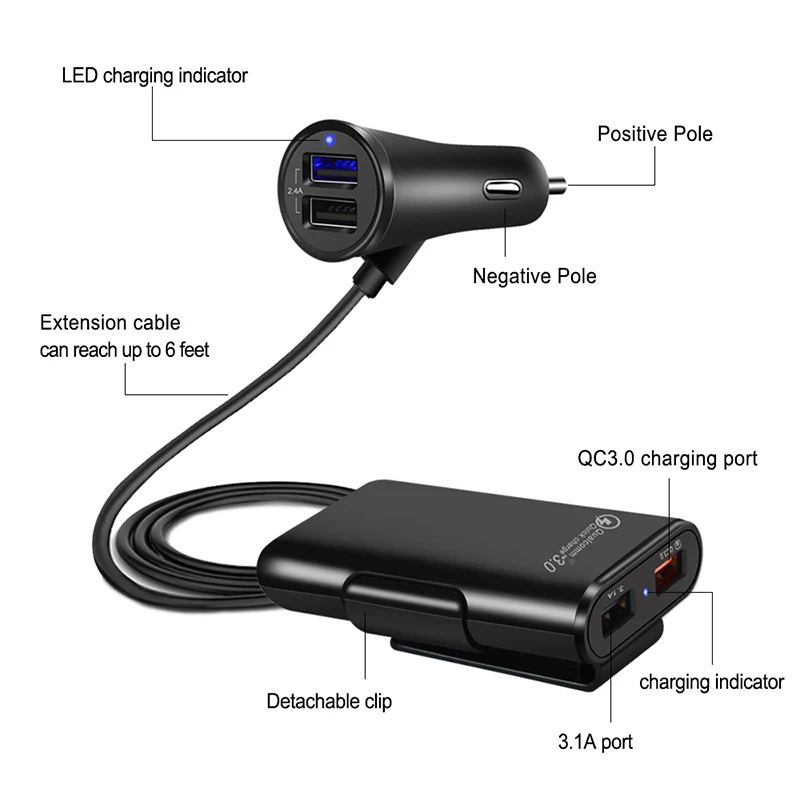 4 порта USB QC 3,0 Автомобильное зарядное устройство Быстрая Мульти usb зарядка для переднего заднего сиденья Авто Автомобильное зарядное устройство адаптер с удлинителем