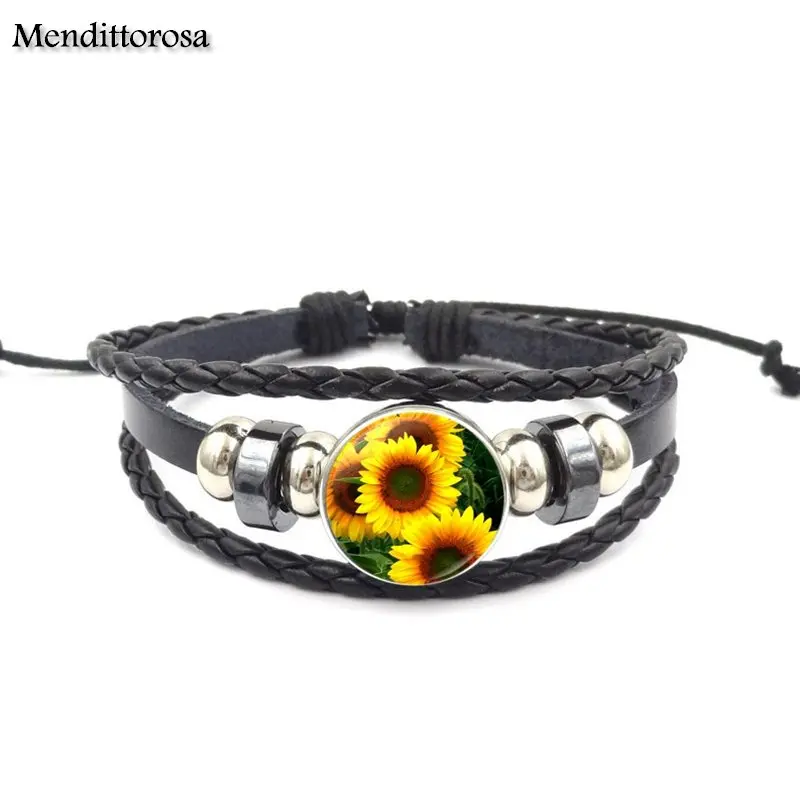 Браслет из черной кожи для девочек лучший подарок милой дочери сестры подсолнуха